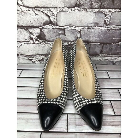 Vintage 80's BRUNO MAGLI Black White Pattern Cap Toe Heels Women Sz 6B US/36.5EU - Picture 2 of 16